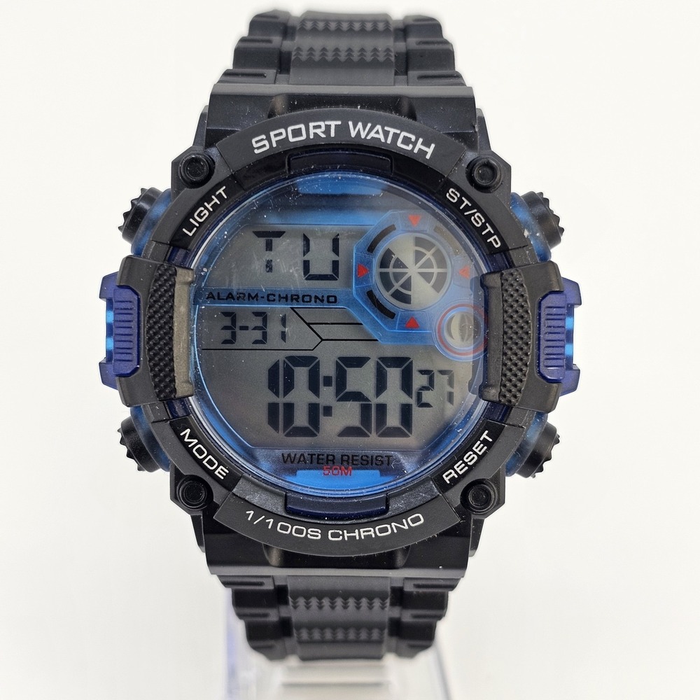 Men's Sports Digital Watch 50MM Day Date Light Black Plastic Bands Working